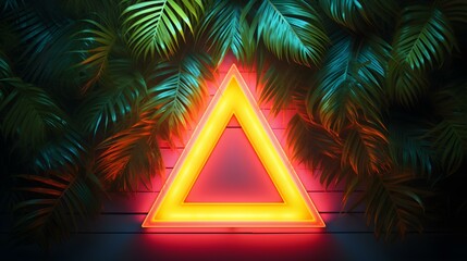 Yellow Neon Triangle surrounded by Tropical Leaves. Exotic Backdrop with Copy Space