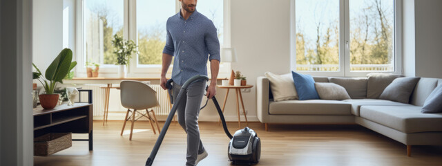 Man cleans his house with a vacuum cleaner - obrazy, fototapety, plakaty