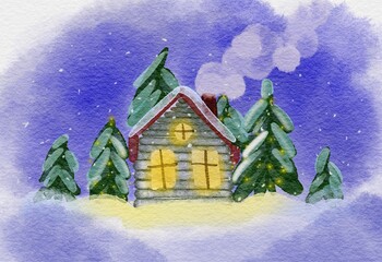 watercolor winter landscape with Christmas tree and house