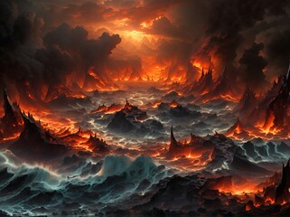 Burning sea, hells sea of fire, background 