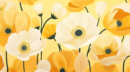  a painting of yellow and white flowers on a yellow background.  generative ai