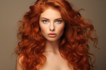 a macro close-up studio fashion portrait of a face of a young redhead woman with perfect skin, red hair and immaculate make-up. Skin beauty and hormonal female health concept