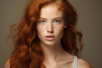 Naklejka premium a macro close-up studio fashion portrait of a face of a young redhead woman with perfect skin, red hair and immaculate make-up. Skin beauty and hormonal female health concept