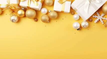 Obraz na płótnie Canvas a yellow background with presents and christmas ornaments on it, including a present box, a snowflake, a snowflake, and a snowflake. generative ai
