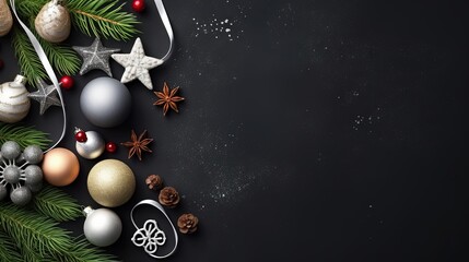  christmas decorations on a black background with space for a text.  generative ai