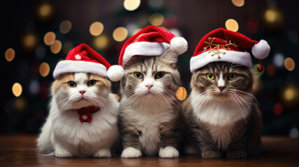 Three cats, posing with Santa Claus hats with an out of focus background. Merry Christmas