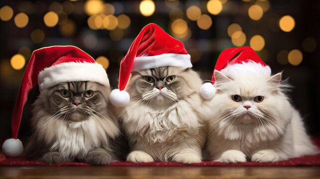 three Siamese cats, posing with Santa Claus hats. Merry christmas