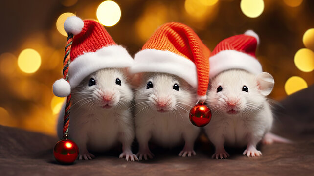three white mice posing with Santa hats. Merry Christmas