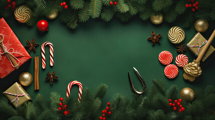 Christmas green background, baubles, spruce branches and candies Merry Christmas, happy holidays. copy space