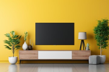Vibrant yellow wall features TV wall console, lamp, table, and greenery in modern living room