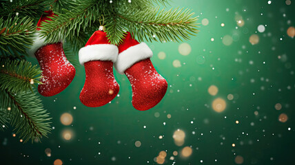 Christmas green background, baubles, spruce branches and red socks merry christmas