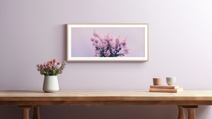  a table with a vase of flowers on it and a picture hanging on the wall.  generative ai