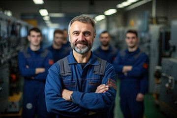 Fototapeta premium Guardian of Industry Confident Maintenance Engineer in Uniform and Hard Hat at Factory Station. created with Generative AI