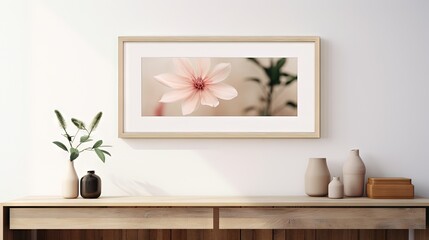  a picture of a pink flower in a frame on a wall.  generative ai