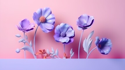  a group of purple flowers on a pink and blue background.  generative ai