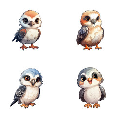 set of happy cute falcon watercolor illustrations for printing on baby clothes, pattern, sticker, postcards, print, fabric, and books