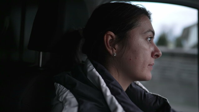 Determined Woman's Face Driving Truck On Highway, Profile Of Driver Daydreaming While On Road In Motion