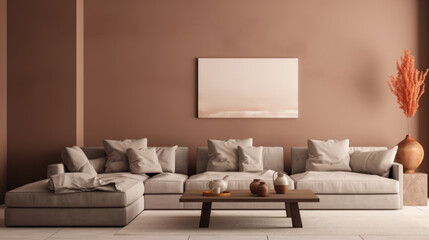 Fototapeta na wymiar Luxury living room interior. Brown walls, modern lounge set and abstract art on background