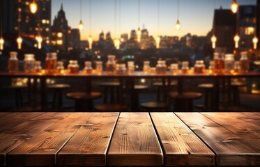 Empty wooden table and blurred background of bar or pub