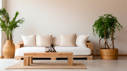 The living room is furnished with eco-friendly wooden furniture.
