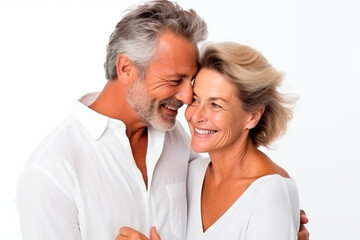 Mature couple in love, isolated on white background.
