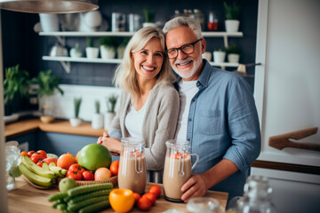 A middle-aged couple is making a vegetable-fruit smoothie or cocktail in the kitchen. - Powered by Adobe