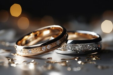 Wedding rings, sparkling on a bokeh background, offer room for text