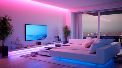 Modern spacious living room with lots of neon lights and LED strips. - obrazy, fototapety, plakaty