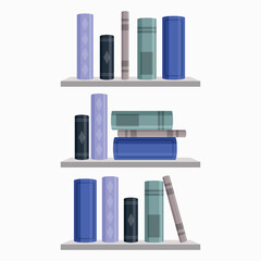 Set of hardcover books on a wall shelf on a white background