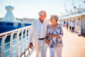 Tafelkleed Mature couple wife and husband walking along a cruise ship deck. © serperm73