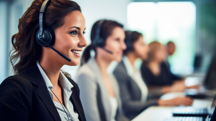 Call center workers. Men and women with headphones and microphone headset.