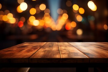Wooden table and bokeh lights make an ideal product display setting