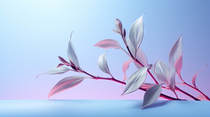 Fototapeta na wymiar a branch of a plant with pink leaves on a blue background. generative ai