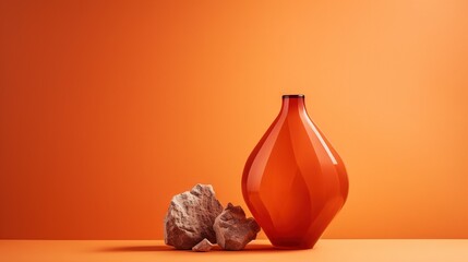  a red vase sitting next to a rock on an orange background.  generative ai
