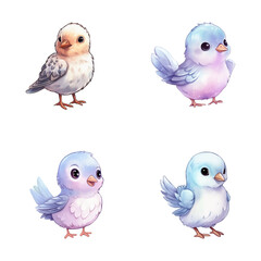 set of happy cute dove watercolor illustrations for printing on baby clothes, pattern, sticker, postcards, print, fabric, and books