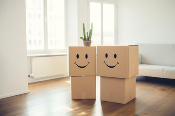 Smiling cardboard boxes and potted plant in empty room. Moving day