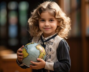 a happy little student with lots of books and a globe