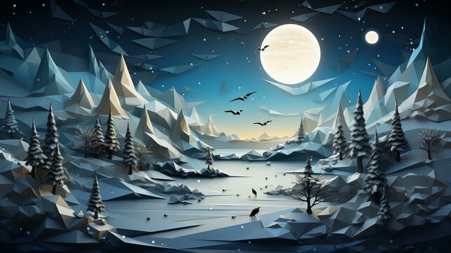 AI-generated image of a winter landscape in an origami paper quilling style