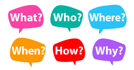 5W1H questions speech bubble set: what?, who?, where, when?, how? and why?