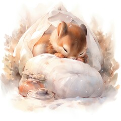 A sleepy baby squirrel in a bedding. watercolor illustration.