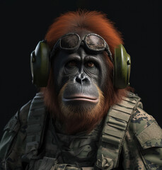 Image of a orangutan monkey dressed in a tactical military outfit on a clean background. Wildlife Animals. Illustration, Generative AI.