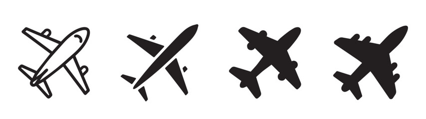 Collection of airplane silhouettes in different styles and angles. Vector icons for travel, transport, aviation, and flight themes. Design elements for logo, banner, poster, and web. - obrazy, fototapety, plakaty