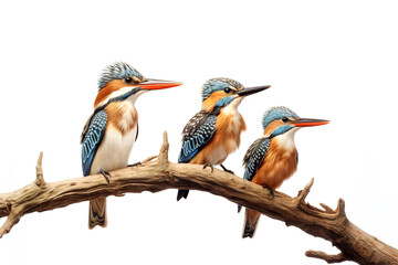 Image of group of banded kingfisher on a branch on a white background. Birds. Animals. Illustration, Generative AI.