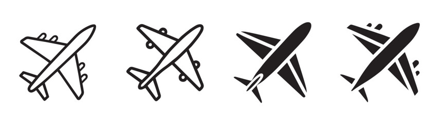 Collection of airplane silhouettes in different styles and angles. Vector icons for travel, transport, aviation, and flight themes. Design elements for logo, banner, poster, and web.