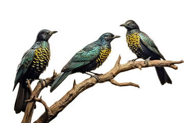 Fototapeta premium Image of group of an asian koel birds on a branch on a white background. Birds. Animals. Illustration, Generative AI.