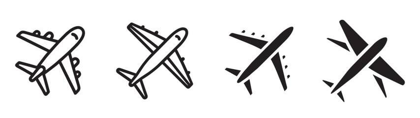 Collection of airplane silhouettes in different styles and angles. Vector icons for travel, transport, aviation, and flight themes. Design elements for logo, banner, poster, and web.