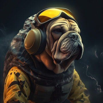 Image of a bulldog dressed in a tactical military outfit on a clean background. Pet, Animals. Illustration, Generative AI.