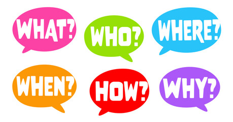 5W1H questions speech bubble set: what?, who?, where, when?, how? and why?
