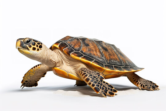 Image of sea turtle on white background. Undersea animals. Illustration, Generative AI.