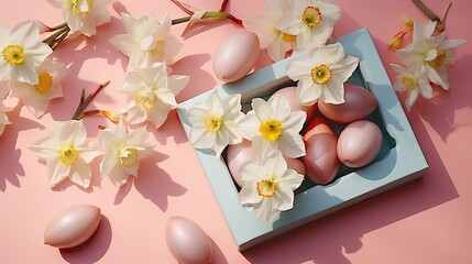  a blue box filled with pink and white eggs and daffodils.  generative ai